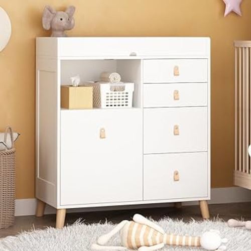 Baby Changing Table Dresser for Infants, Nursery Dresser Chest with 5 Drawers, Shelf, Storage Changing Station Dresser, White