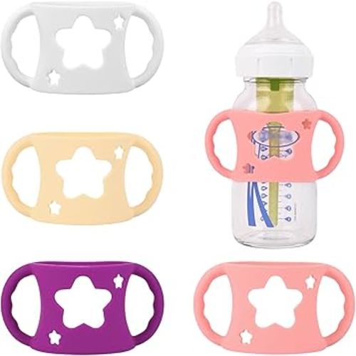 4 Pack Baby Bottle Handles, Silicone Bottle Handles for Dr Brown Wide-Neck Baby Bottles (White+Pink+Purple+Yellow)
