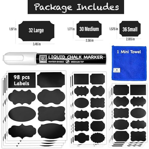 Chalkboard Labels for Jars 98pcs - Waterproof Reusable Chalk Sticker Labels for Containers Storage Jars - 12 Unique Shapes & 3 Sizes Includes Erasable Liquid Chalk Marker & Mini Towel (Pack of 98)