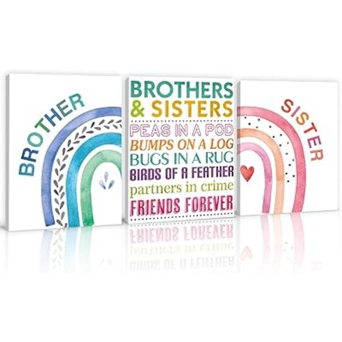 KAIRNE Brother&Sisters Rules Wall Art,Kids Room Decorations Unisex(3x12x16inch,Framed) Rainbow Wall Decor,Playroom Sign Boho Poster Inspirational Kids Room Decor Stuff for Boys & Girls Bedroom Decor