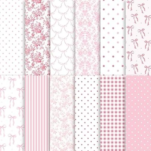 24 Sheets Preppy Pink Bow Scrapbook Paper, Coquette Bow Ribbon and Floral Decorative Craft Paper Folded Flat for Birthday Wedding Baby Shower Card Making Photo Album Decor, 12'' x 12''
