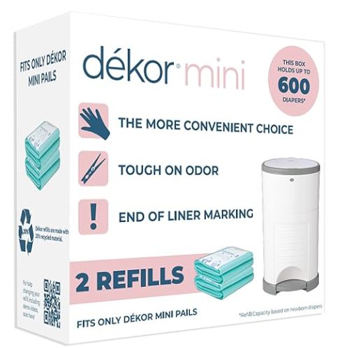 Diaper Dekor Mini Diaper Pail Refills | 2 Count | Most Economical Refill System | Quick & Easy to Replace | No Preset Bag Size Use Only What You Need | Exclusive End-of-Liner Marking