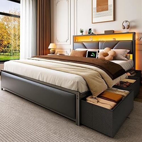 Modern Queen Platform Bed Frame with 6 Drawers, LED Lights & Charging Station, Upholstered Headboard with 2-Tier Shelves, No Box Spring Needed, Noise-Free, Black