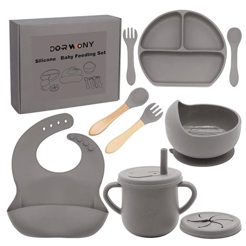100% Silicone Baby Feeding Set, BPA Free Baby Dishes with Suction Bowl, Divided Plate, Toddler Self Feeding Dish Set with Spoons, Forks, Sippy Cup and Bib, Baby Eating Utensils (Navy Blue)