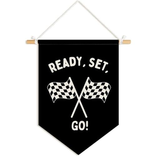 Race Car Room Decor for Boys Linen Pennant Banner - Ready Set Go Racing Pennant Flag Banner Wall Hanging for Car Room Decor,Playroom,Nursery