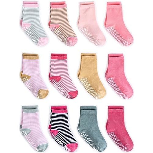 ZAPLES Baby Non Slip Grip Crew Socks with Anti Skid Soles for Infants Toddlers Kids Boys Girls