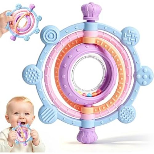 Baby Teething Ring Toys 3-6 6-12 Months, Silicone Sensory Rattle Teether Toys for Teething Relief, Baby Newborn Essentials Chew Toys for Sucking Needs, Infant Shower Gifts & Baby Toys