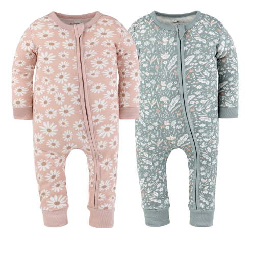The Peanutshell Boho Meadow Baby Pajamas, Footless Baby Sleepers, Pink-Sage Green, 3-6 Months, 2-Pack
