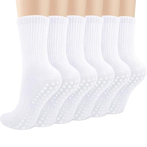Justay 6 Pairs Pilates Socks with Grips for Women, Grip Non Slip Yoga Socks | Soft Crew Cotton Gym Athletic Workout Dance Barre Hospital Grippy Socks for Women