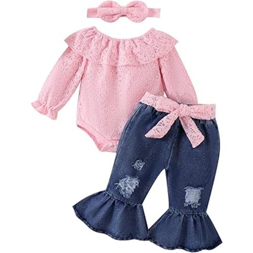 Baby Girl Clothes Lace Off Shoulder Romper Flare Jeans Pants Headband and Belt 4pcs Outfit 3-24 Months