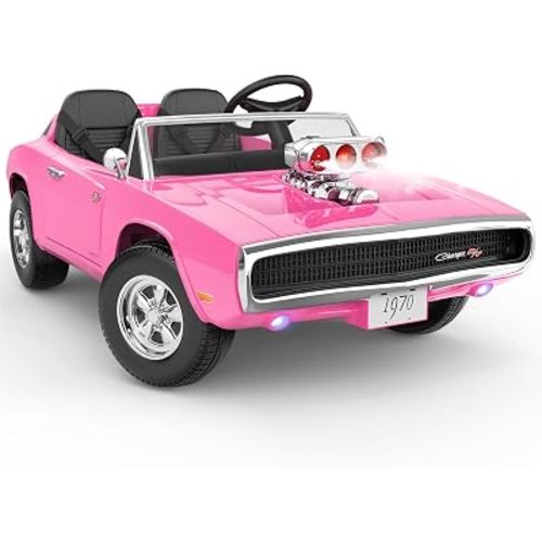 First Ride On 2 Seater Ride on Car for Kids, Licensed 1970 Dodge Charger R/T Kids Electric Vehicles w/Iconic Hood-Mounted Supercharger, 24V Ride on Toys w/Remote Control, LED Lights, Bluetooth (Pink)