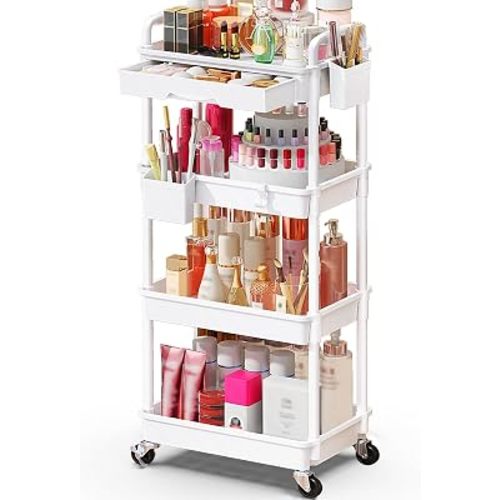SUNALLY Makeup Cart Organizer with Drawer,4 Tier Rolling Makeup Cart, White