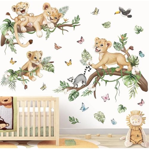 wondever Safari Animal Lions Wall Stickers Jungle Animals Tree Branch Butterfly Peel and Stick Wall Art Decals for Baby Nursery Kids Bedroom Living Room