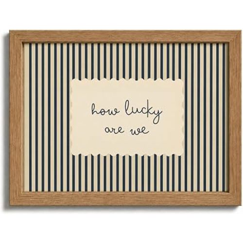 Framed How Lucky Are We Quote Canvas Wall Art,Striped Background Painting,Neutral Tone Print Wall Decor,Minimalist Affirmation Picture Poster,Cute Typography Artwork for Home Decoration