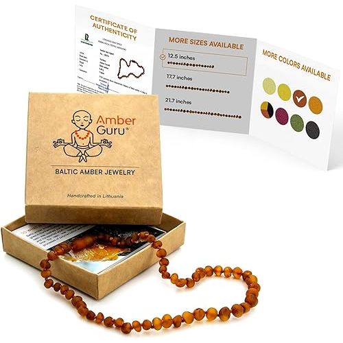Amber Guru Baltic Amber Necklace (Authentic, Certified) - 12.5 inches - Unisex Jewelry - Cognac (Raw/Unpolished) - Real Amber Beads - Proud to Deliver Genuine Baltic Sea Wonder Handmade