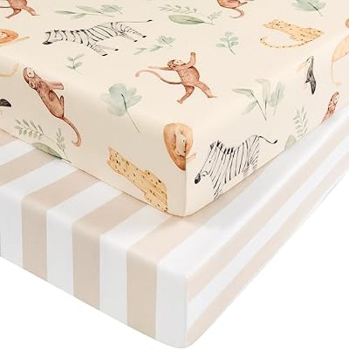 Baby Crib Sheets for Boys and Girls, Fitted Crib Sheets 52" x 28", Soft Breathable Microfiber Sheets for Standard Crib and Toddler Mattress, 2-Pack Striped Animals