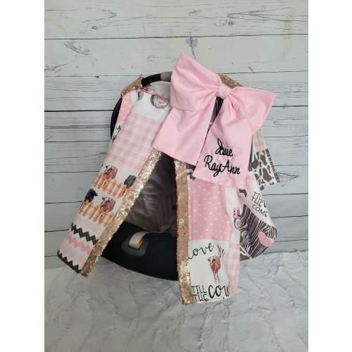 Farm Carseat Cover, Girl Cow Farm Tractor w/ Rose Gold Sparkle, Personalized Baby Shower Gift, Baby Girl Car Seat Canopy
