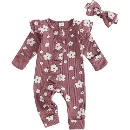 allshope Infant Baby Girl Fall Outfit Sweatshirt Romper Floral Print Long Sleeve Jumpsuit Newborn Waffle Clothes