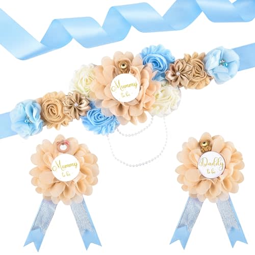 SUSSURRO Teddy Bear Maternity Sash Mummy to Be Daddy to Be Corsage Pin Set Blue Flower Baby Shower Sash Belly Belt for Gender Reveal Bear Baby Shower Decorations