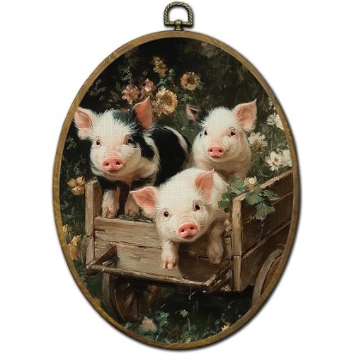 QZQE Vintage Baby Pig Floral Oval Wall Art Decor Framed, Rustic Farmhouse Oval Canvas Prints, Cottagecore Flower Farm Animal Wall Hanging Decor for Home Bedroom Living Room Nursery Room, 8.6x11.4 Inch