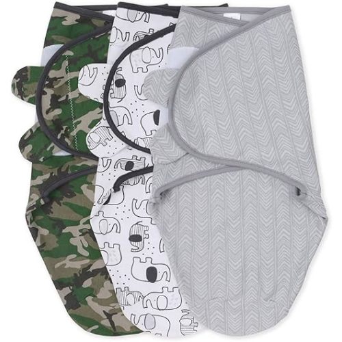 The Peanutshell Swaddle Set for Baby Boys - Camo & Elephant - 3 Pack (Small/Medium | 0-3 Months)