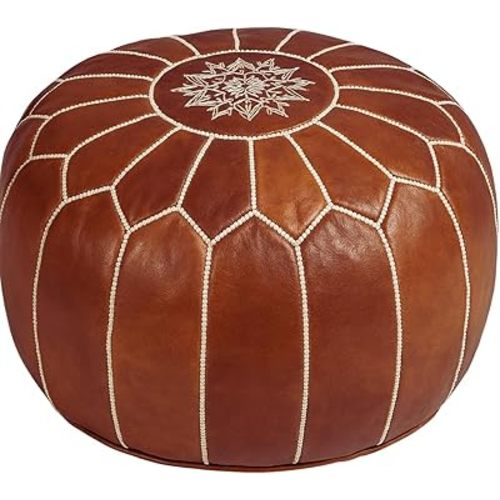 Stuffed Round Design Moroccan Leather Pouf Ottoman, Handmade, Pre-Filled, 100% Genuine Leather, 13” Height x 20” Diameter, Footstool & Living Room Décor (Dark Tan)