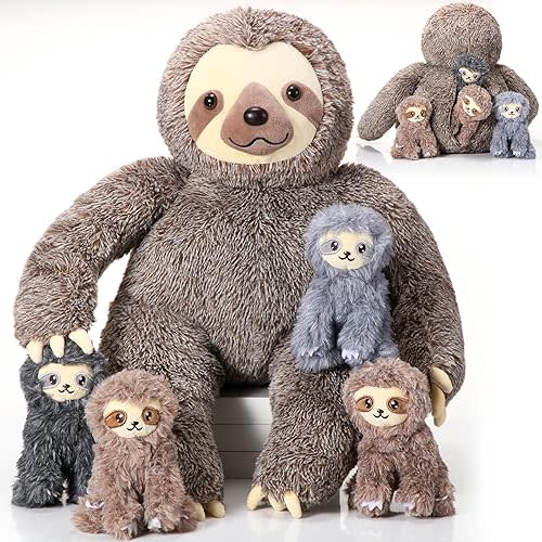 Kasyat 5 Pcs Sloth Stuffed Animals 13 Inch Mommy Sloth Stuffy Plush Toy with 4 Babies in Her Belly Soft Cuddly Plushies Operation Christmas Items for Adults Kids Birthday Baby Shower Party Favors