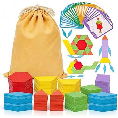 LovesTown 209 PCS Shapes Wooden Pattern Blocks for Kids, Geometric with Activity Cards and Storage Bag, Educational Tangram Puzzles,Great Learning Gift from Parents or Teachers