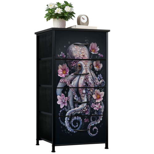 Gothic Dresser for Bedroom with 4 Storage Drawers Whimsical Octopus Flowing Floral Soft Pastel Colors Dressers Chest of Drawers Steel Framed Fabric Closet Organizers for Dorm Entryway