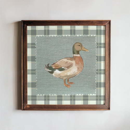 Vintage Mallard Duck Artwork Plaid Pattern Nursery Decor Classic Nature Theme Wall Hanging Unframed Paper Print