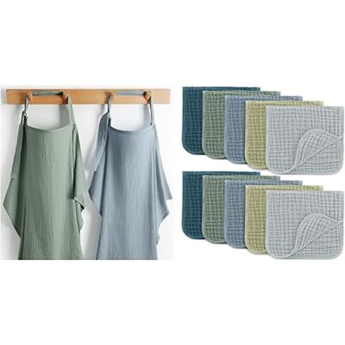 Muslin Nursing Cover Pack of 2 and Burp Cloths 20" x 10", Pack of 10 Bundled by Comfy Cubs