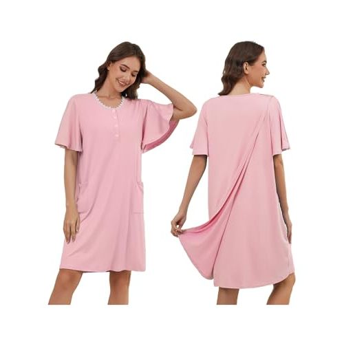 Post Surgery Hospital Gowns for Women Open Back Ruffle Sleeve Patient Gown Tear Away Adaptive Dress with Pockets