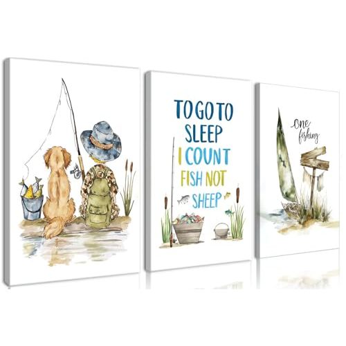 Frimeeme 3pcs Framed Fishing Hunting Nursery Wall Art Decor, 12x16 Inch | Baby Boy Room Canvas Prints, Rustic Fish Pictures Painting for Bedroom
