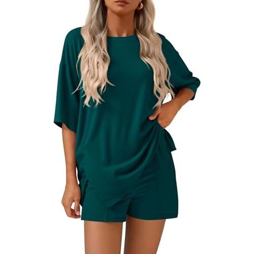 KIRUNDO 2 Piece Sets for Women Summer Lounge Sets Casual Oversized Tshirts Shorts Matching Airport Travel Outfits Postpartum