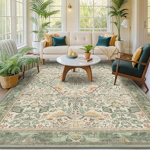 Washable Living Room Rug 7x9 - Sage Floral Nature Rugs for Bedroom, Dining Room Kitchen Table Rug for Under Table, Office, Stain Resistant Non-Slip Large - Sage Green/Beige