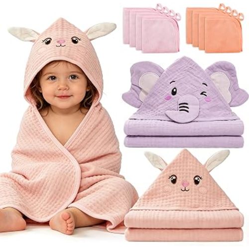 2 Pack Muslin Hooded Baby Bath Towels & 8 Washcloths, 100% Cotton