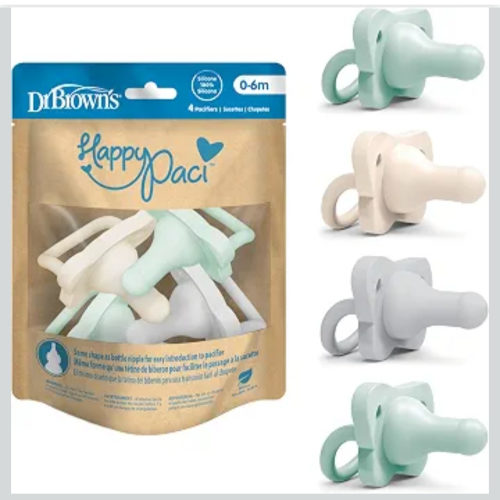 Dr. Brown's HappyPaci 100% Silicone Baby Pacifier, Contoured One-Piece Design, Gray, Green, Ecru, 0-6m, BPA-Free, 4-Pack