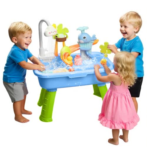 ZAPOMYE 2026 Upgraded Toddler Sand Water Table Toy with Electric Water Pump, Kids Sand Water with Faucet/Play Food Accessories/Fishing Toy, Kitchen Play Sink Toys for Girl Boy Age 3+ (Blue)