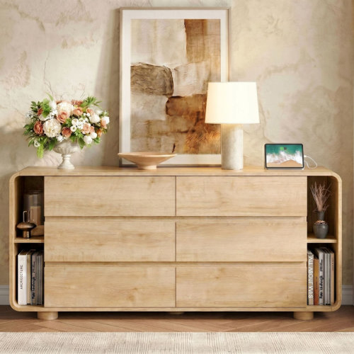 Wrought Studio™ 6 Drawer Dresser with Shelves, 63'' Wide 17.7'' Depth Large Chest of Drawers for Bedroom, Curved Design Modern TV Stand, Wood Closet Storage Organizer for Living Room, Walnut & Reviews | Wayfair