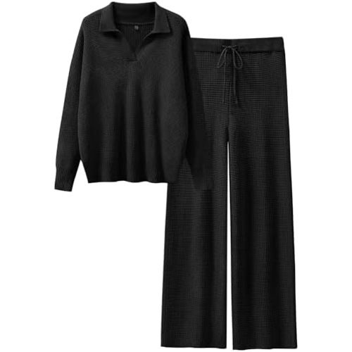 ANRABESS Women Two Piece Outfits Sweater Sets Lounge Waffle Knit Pullover Matching Wide Leg Pants Tracksuit 2025 Fall Fashion