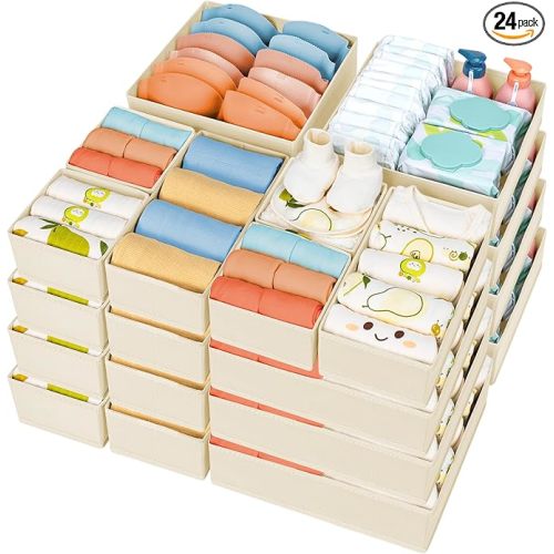 DIMJ Drawer Organizer Clothes, 24 Pack Dresser Organizer, Foldable Closet Organizers and Storage, Fabric Dresser Drawer Organizers, Drawer Dividers for Nursery, Baby Clothes, Underwears, Sock