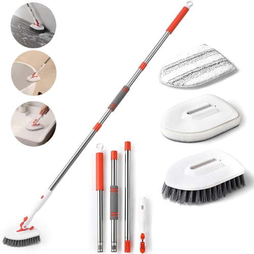 4-in-1 Tile Tub Scrubber with Long Handle,Bathroom Floor Bath Shower Household Cleaning Brush Tools Clean