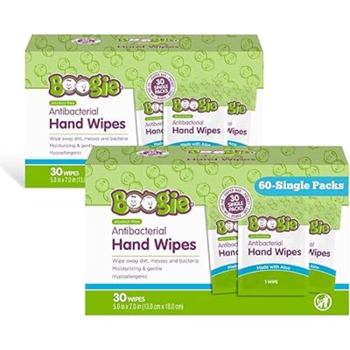 Boogie Antibacterial Hand Wipes, Alcohol Free, Hypoallergenic and Moisturizing Aloe, For Kids and Adults - 30 Wipes (Pack of 2)