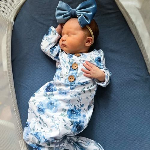 Baileys Blue Floral Newborn Baby Knot Gown & Hat Set