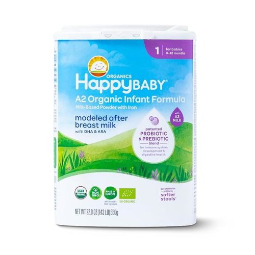 Happy Baby Organics Stage 1 A2 Infant Formula, 0-12 Months, Milk Based Organic Baby Formula Powder with A2 Milk, Probiotics & Prebiotics for Immune & Digestive Support, 22.9 Ounce (Pack of 1)