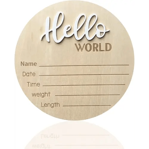 Baby Announcement Sign, ​5.9 Inch Wooden Hello World Newborn Signs, Birth Announcement Sign, Baby Shower Hospital Nursery for Newborn Boys and Girls (White)