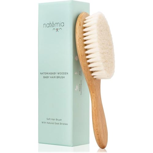 Natemia Baby Hair Brush - Wooden Handle & Soft Goat Bristles for Gentle Grooming & Scalp Massage - Newborn & Toddler Hair Brush for Cradle Cap Care (Oval)
