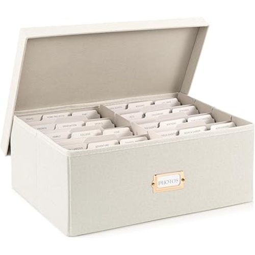 ZICOTO Decorative Photo Storage Box - Sturdy Linen Photo Organizer with Dividers is Perfect to Store Up to 1700 Pictures and 5x7 Photos - Beige