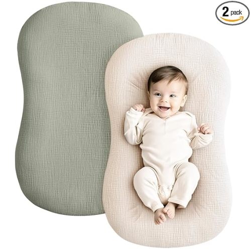 Konssy Muslin Baby Lounger Cover 2 Pack, 100% Cotton Newborn Lounger Cover, Soft and Breathable Lounger Cover for Boys Girls, Covers Only (Fog Green,Cream)