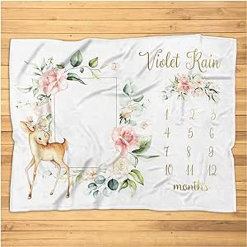 Amazon.com: Woodland Milestone Blanket Girl- Floral Fawn Monthly Growth Blanket-Personalized Baby Girl Blanket with Deer Custom Baby Blanket, Super Soft Plush Blanket for Baby for Kids, Crib Full : Baby